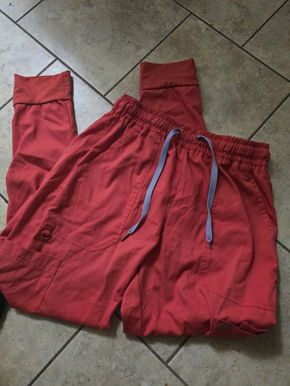 Red/Orange Elastic Waist Scrub Pants with Utility Pockets